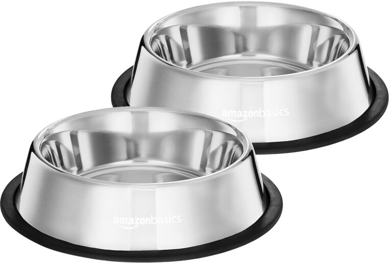 Amazon Basics Stainless Steel Pet Feeding Bowls for Dogs and Cats | Set of 2 | 700 ml Each | Dry Kibble, Wet Food, Water Bowl | No-Tip, Non Sliding Design | Dishwasher Safe (Standard)