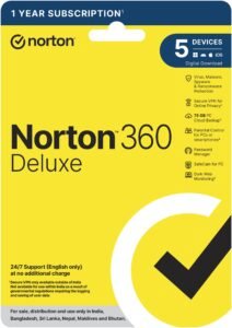 Norton 360 Deluxe |5 Users 1 Year|Total Security for PC, Mac, Android or iOS| Additionally Includes Dark Web Monitoring, Password Manager, PC Cloud Back Up, SafeCam for PC|Email Delivery in 2 Hrs