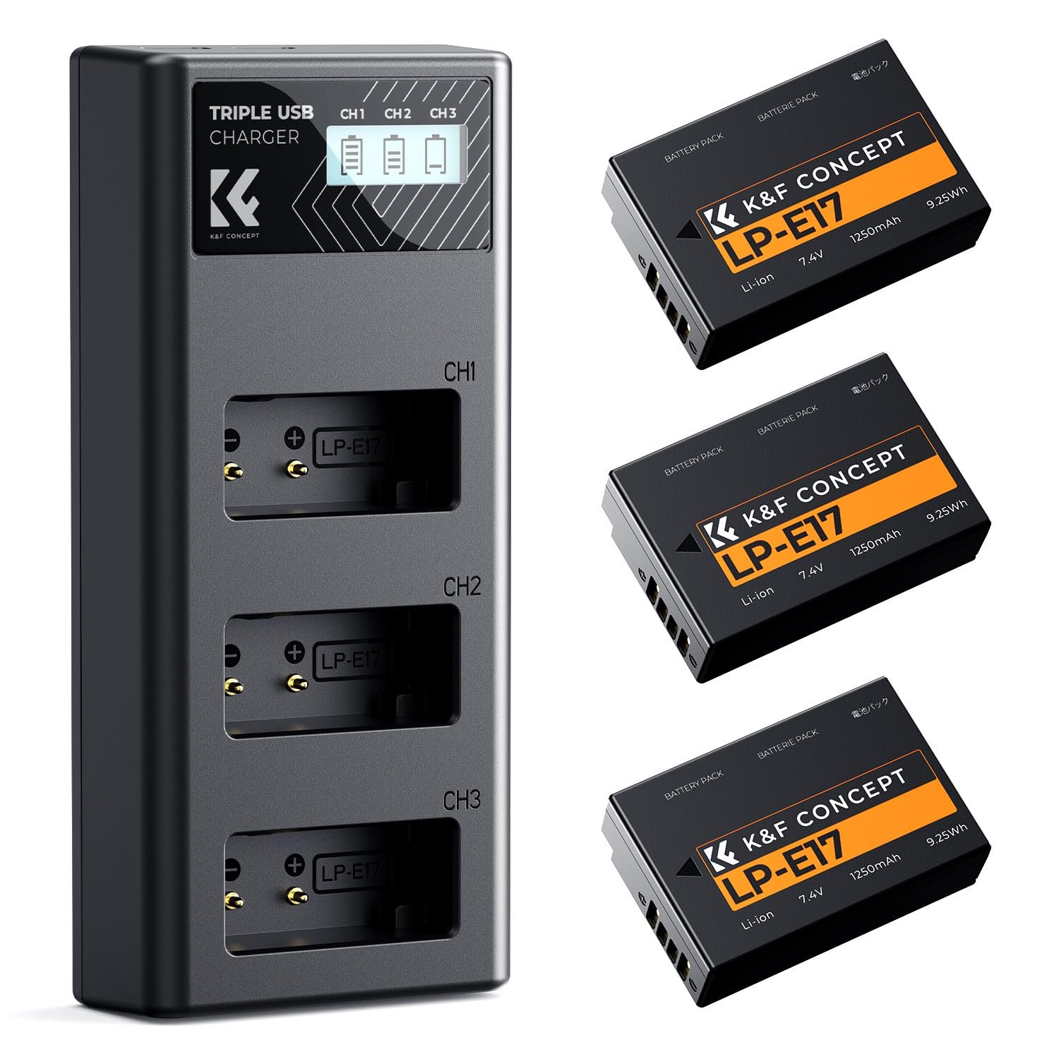 K&F CONCEPT 3-pack LP-E17 Battery and 3-slot LCD Charger, Compatible with Canon EOS RP, R10, R8, R50, Rebel T8i, T7i, T6i, SL2, SL3, EOS 200D, 250D, 77D, 750D, 760D, 800D, 8000D, Powershot V1