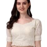 Pujia Mills Women’s Georgett Lucknowi Embroidery Puff Sleeve Tie UP Blouse (Lucknowi Tie)