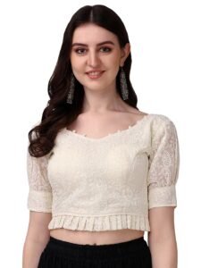 Pujia Mills Women’s Georgett Lucknowi Embroidery Puff Sleeve Tie UP Blouse (Lucknowi Tie)