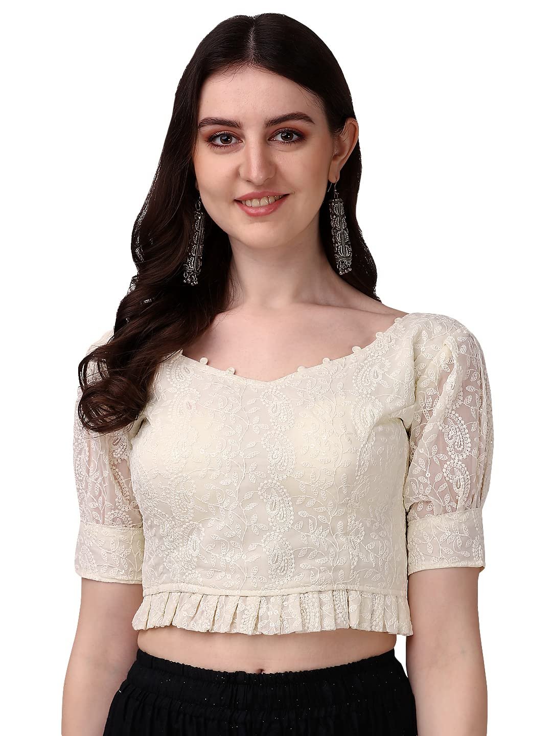 Pujia Mills Women’s Georgett Lucknowi Embroidery Puff Sleeve Tie UP Blouse (Lucknowi Tie)