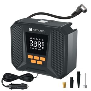 Portronics Vayu Neo 2-in-1 Corded & Cordless Tyre Inflator, 150 PSI, 3×2000mAh Battery, Digital Display, Auto Shut-Off, Type-C Charging & LED Light for Car, Bike, Cycle & Balls (Black)