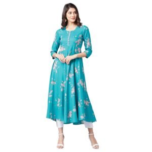 Tissu Women Teal & Pink Floral Printed A-Line Kurta