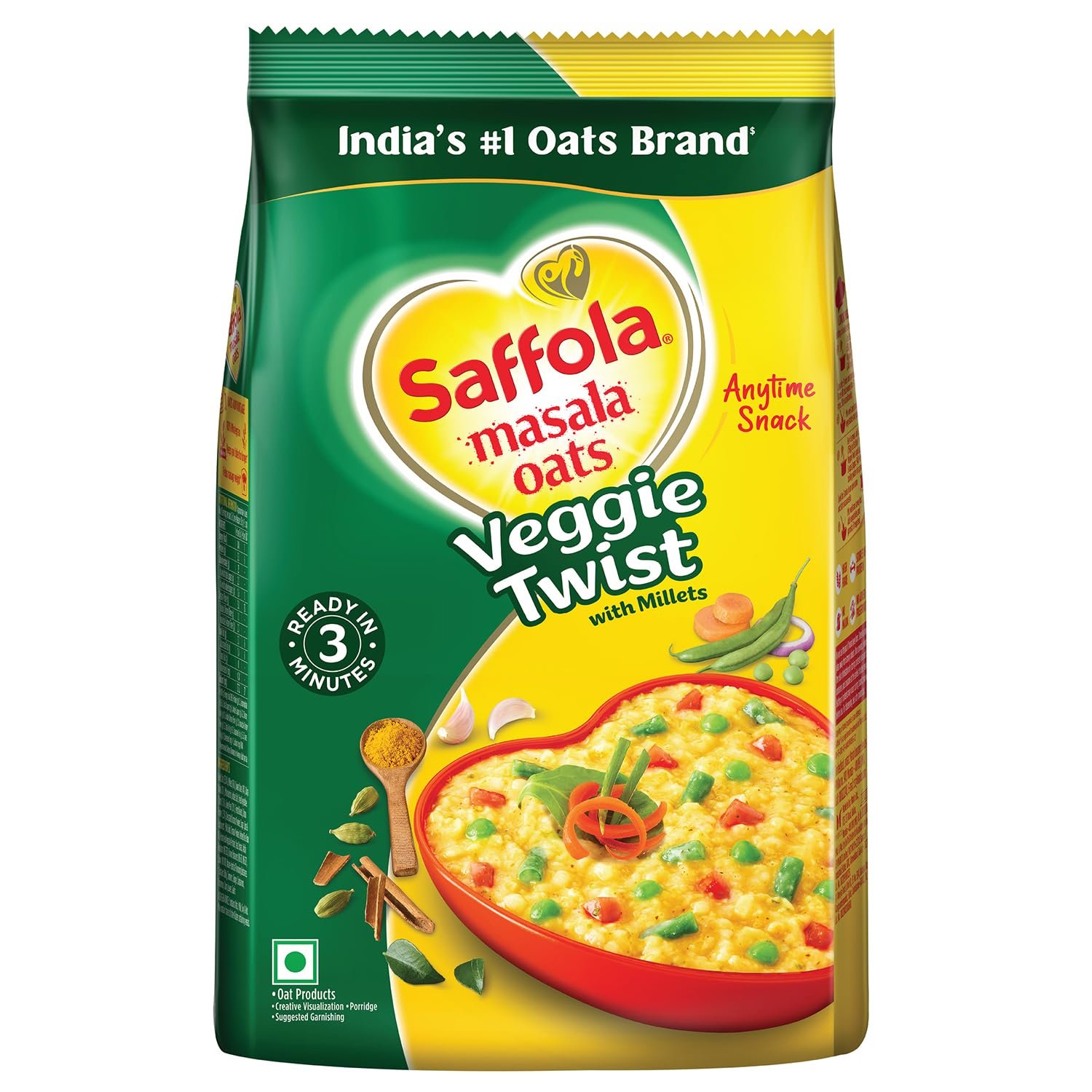 Saffola Masala Oats Veggie Twist | 1kg | Tasty, Anytime Snack | Ready in 3 mins | Millets Goodness- with Bajra & Jowar | No maida , No added preservatives | helps manage weight