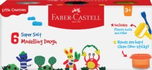 Faber-Castell Little Creatives Modelling Dough Set of 6 | Non-Toxic Super Soft Modelling Dough for Kids Aged 3+ years | Includes Plastic Knife, Roller & Character moulds on lid and base | Super Soft, Non-Sticky & Child-Safe