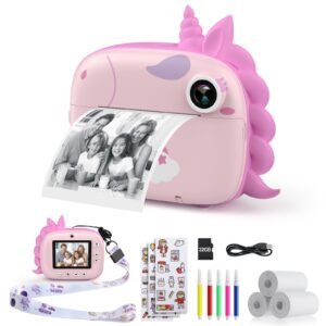 HiMont Kids Instant Print Camera for Girls Boys 3-12 Years Old – Selfie Digital Camera With Print Paper, 32G Card, 2.5K Video, Color Pens for DIY – Fun Gift (Pink)