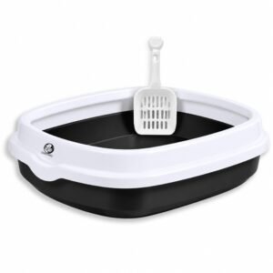 Foodie Puppies Cat Litter Box Tray (Large, 46 x 38 x 13 cm, Black) with Rim & Free Scooper, Semi-Closed Design, Durable Quality, Suitable for All Adult Cats & Kittens