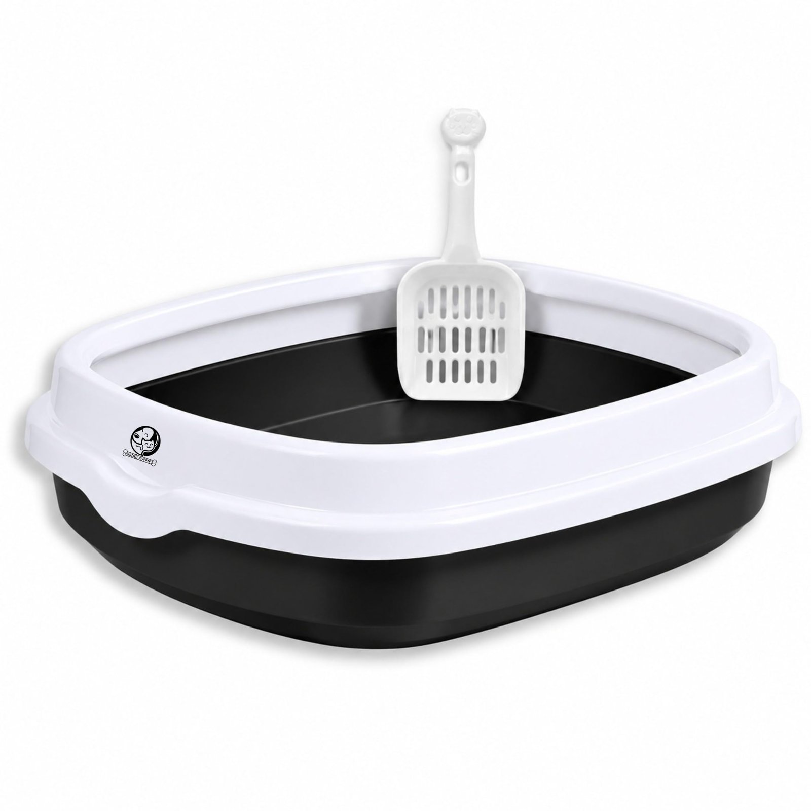 Foodie Puppies Cat Litter Box Tray (Large, 46 x 38 x 13 cm, Black) with Rim & Free Scooper, Semi-Closed Design, Durable Quality, Suitable for All Adult Cats & Kittens