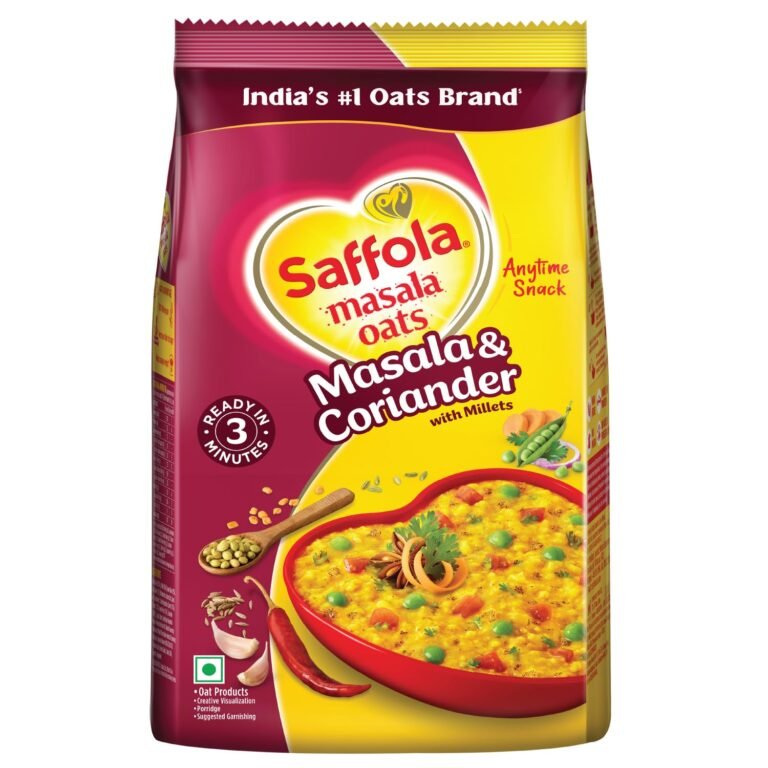 Saffola Masala Oats | Masala Coriander | 550g |​ Tasty, Anytime Snack | Ready in 3 mins | Millets Goodness- with Ragi & Jowar | No maida , No added preservatives | Oats helps manage weight
