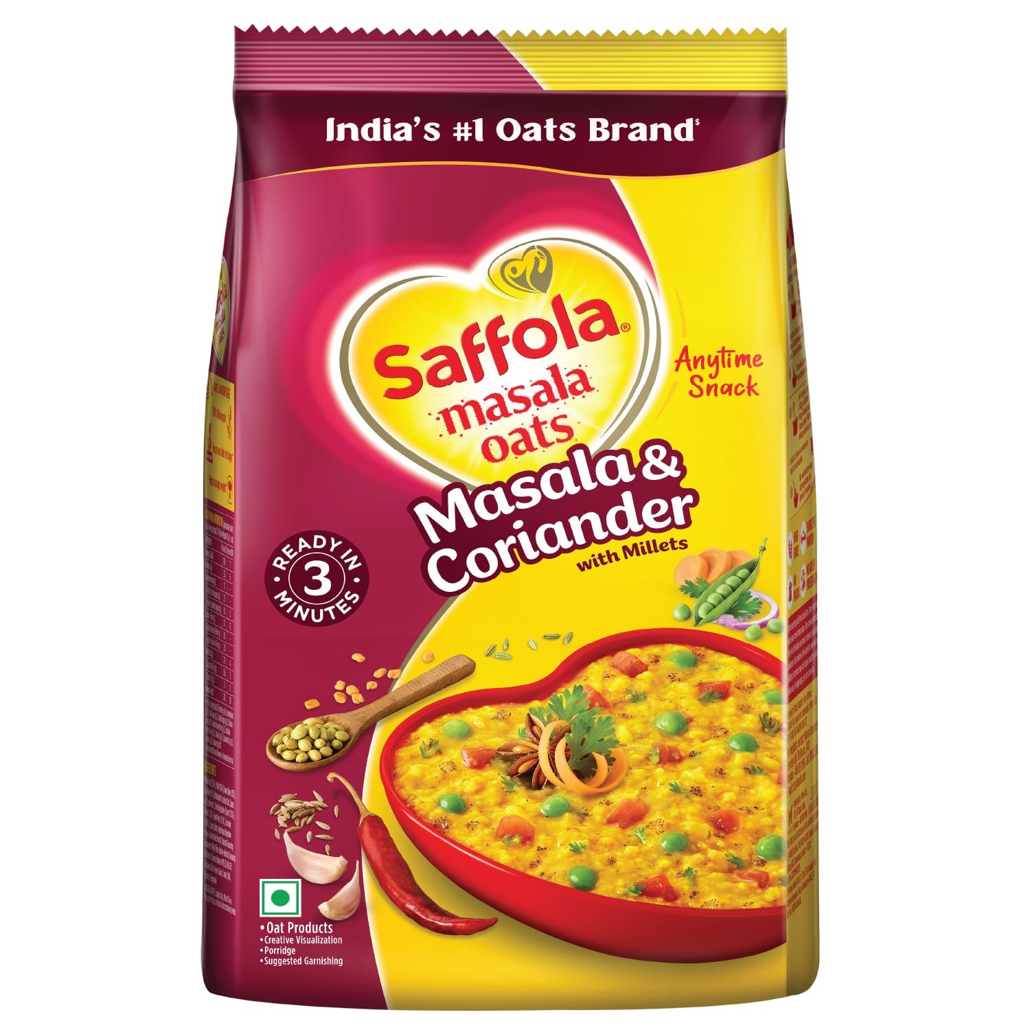 Saffola Masala Oats | Masala Coriander | 550g |​ Tasty, Anytime Snack | Ready in 3 mins | Millets Goodness- with Ragi & Jowar | No maida , No added preservatives | Oats helps manage weight