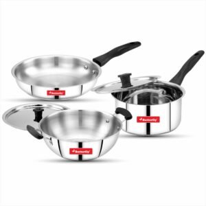 Butterfly Classic Stainless Steel Cookware 5 Pcs Set|Fry Pan 22Cm(1.4L)|Kadai 22Cm(2.2L)|Saucepan 16Cm(1.6L) with Steel Lids|Induction Base,Triply Bottom|Even,Fast Cooking with Less Oil,Silver