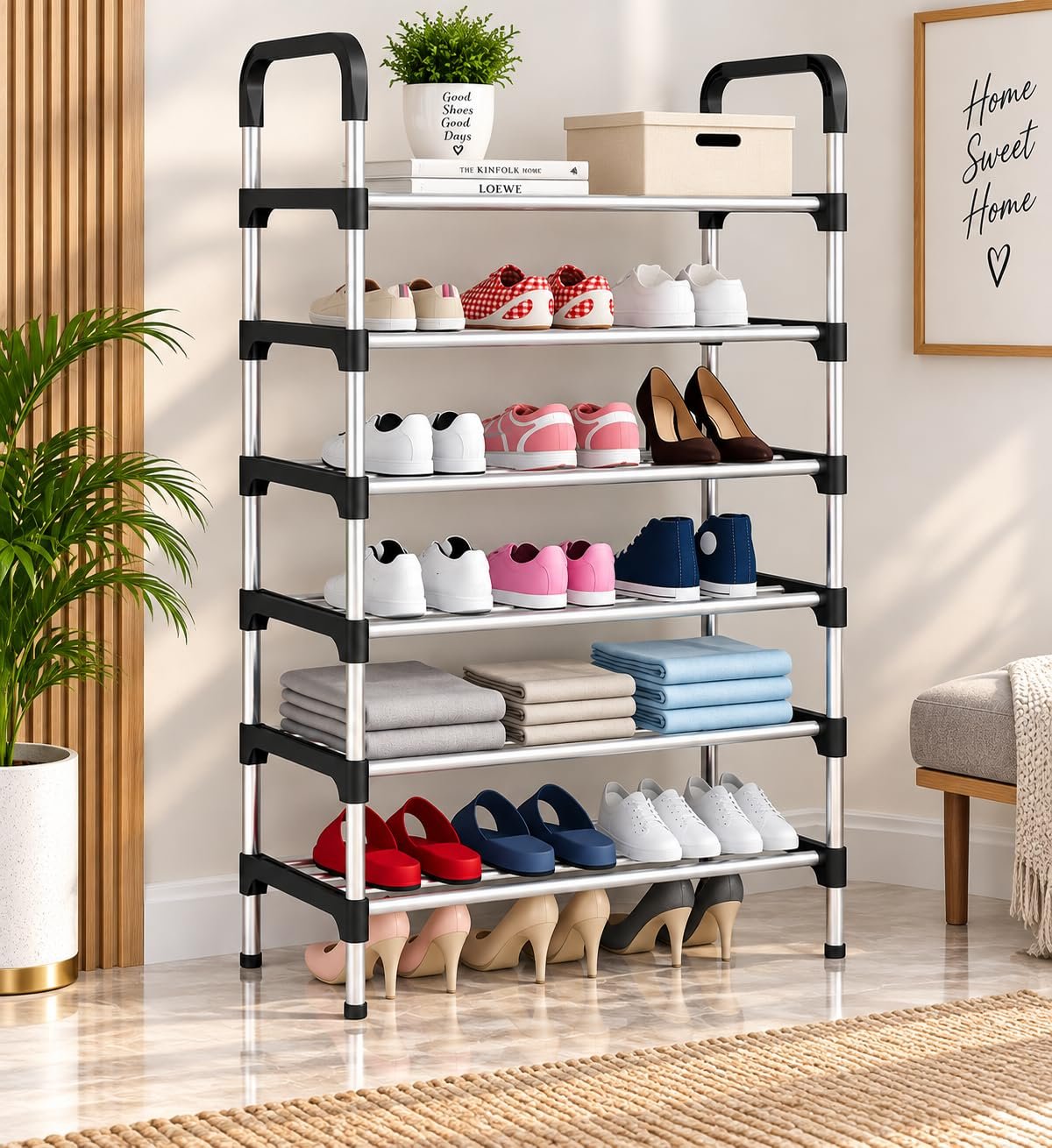 Shoe Rack for Home – Adjustable & Stackable Waterproof Open 5-Tier Shoe Rack for Closet Entryway, Bedroom, Outdoor,Multi-Purpose Carbon Steel Shoe Stand (Black, 6-Shelf)