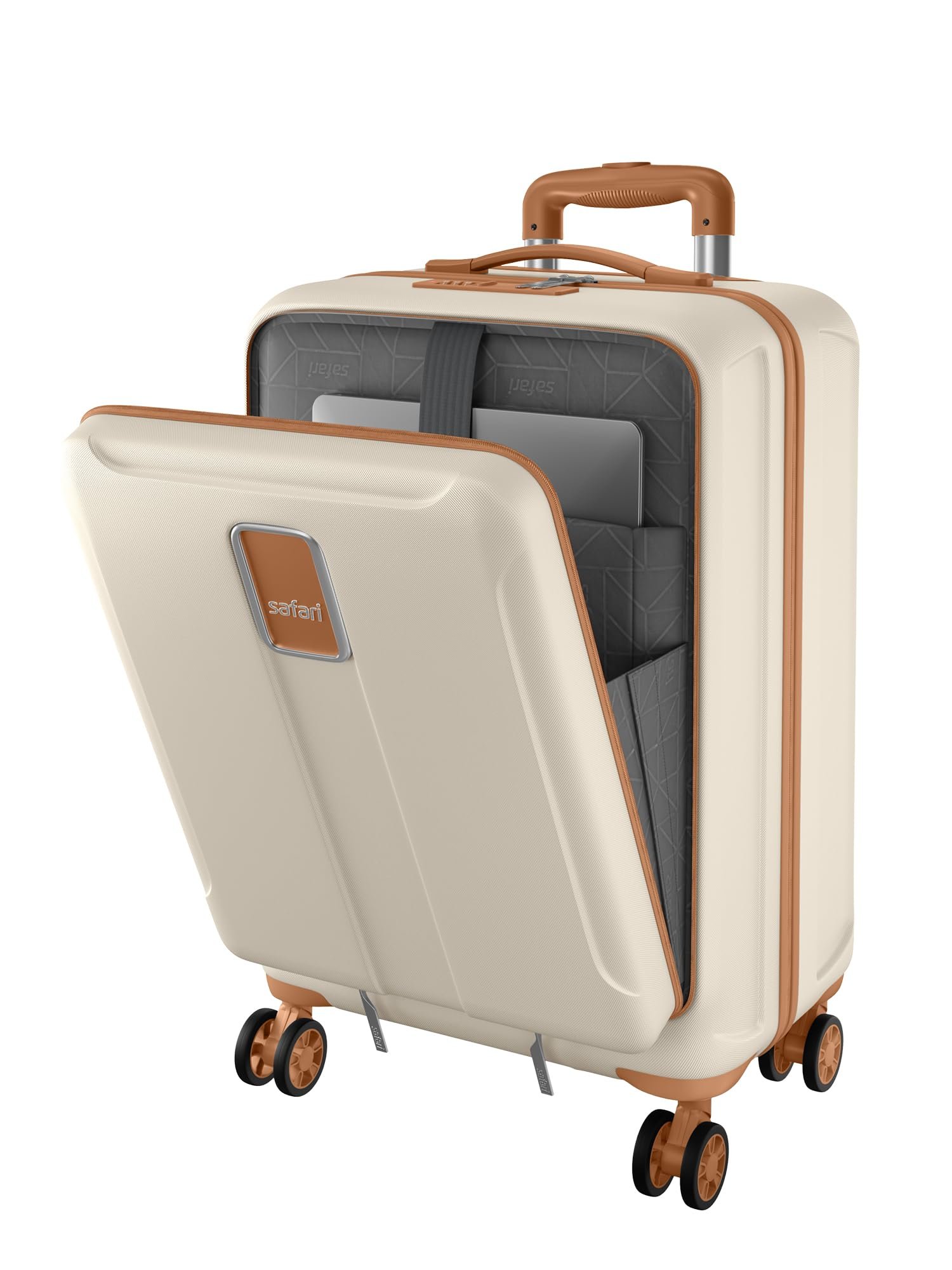 Safari Cabin Trolley Bag with Laptop Compartment, Hardside Polycarbonate Small (55cm) Suitcase | 360° 8 Wheel Spinner Travel Luggage| Recessed Combination Lock|Thorium Neo| Vanilla