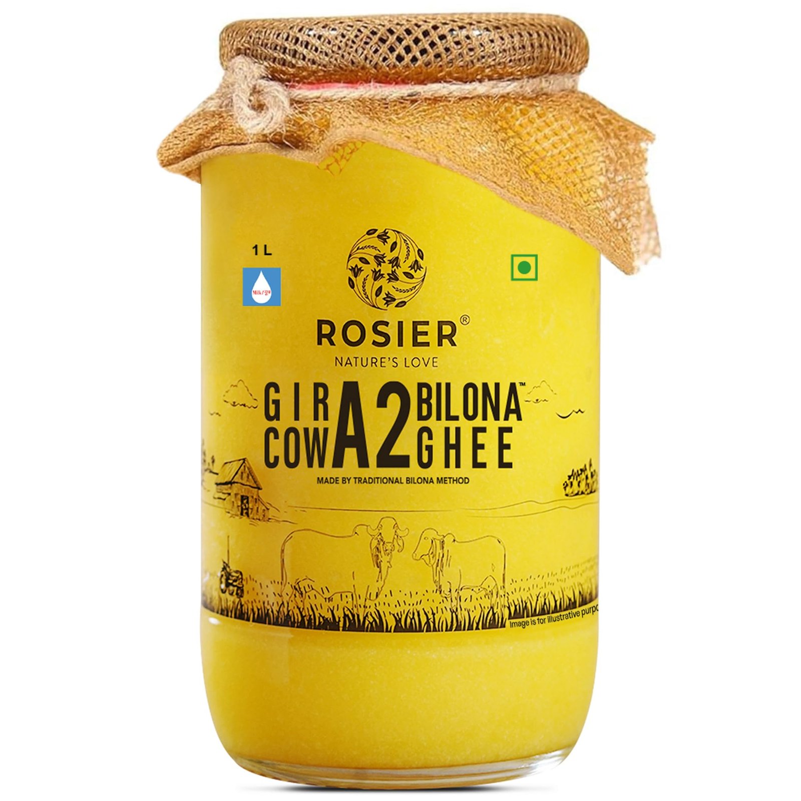 ROSIER A2 Gir Cow Ghee (1 litre) | Traditional Bilona Method A2 Gir Cow Ghee | Grassfed, Pure and Healthy Desi Cow Ghee (Glass Bottle – 1000 ML)