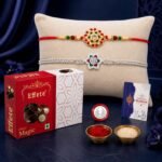 DeoDap Designer Rakhi Set of 2 for Brother – Gold Flower & Silver Colour Floral Design with Choco Magic Chocolate 32gm, Pooja Coin, Roli Chawal & Card | Rakhi with Chocolate Combo for Raksha Bandhan