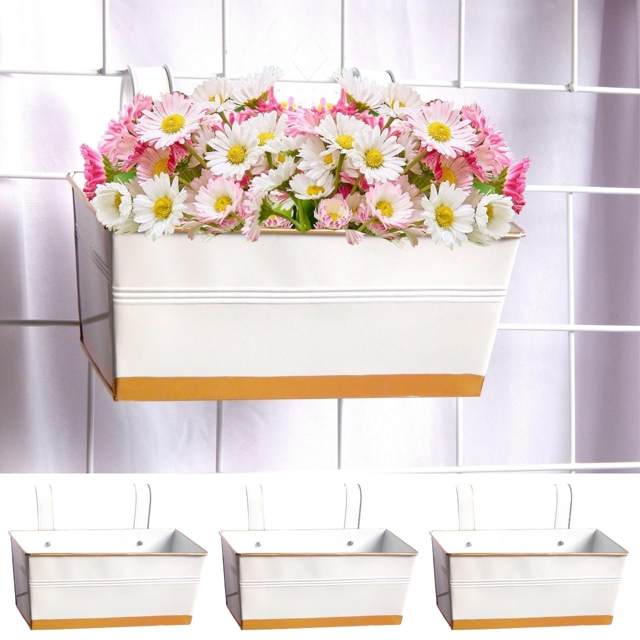 ecofynd 12 Inches Rex Railing Planters for Balcony, Hanging Pots for Plants, Wall Hanging Decorative Planters for Vertical Garden, Pack of 3 (White)