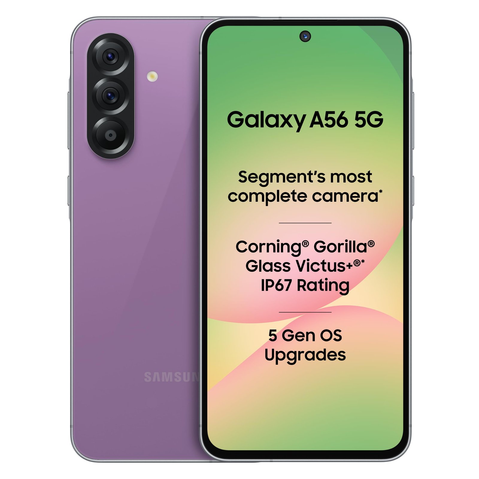 Samsung Galaxy A56 5G Mobile (Awesome Violet Glow, 8GB, 128GB) | Segment Most Complete Triple Camera | 50MP | AI Editing | 4nm Processor | sAMOLED | 5000mAh | Gorilla Glass Victus+| Knox Security