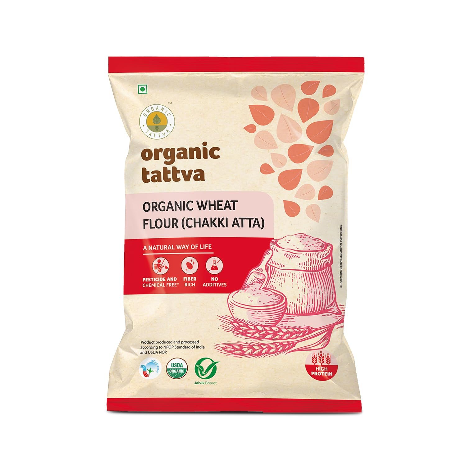 Organic Tattva Whole Wheat Flour 1kg – Stone Ground Chakki Atta for Soft & Tasty Rotis, Everyday Cooking Essential