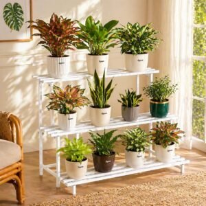 UGAOO Elevate 3-Tier Square Tube Heavy Duty Metal Plant Stand – White | Iron Plant Stand for Indoor & Outdoor Use | Balcony, Living Room, Patio & Garden Decor