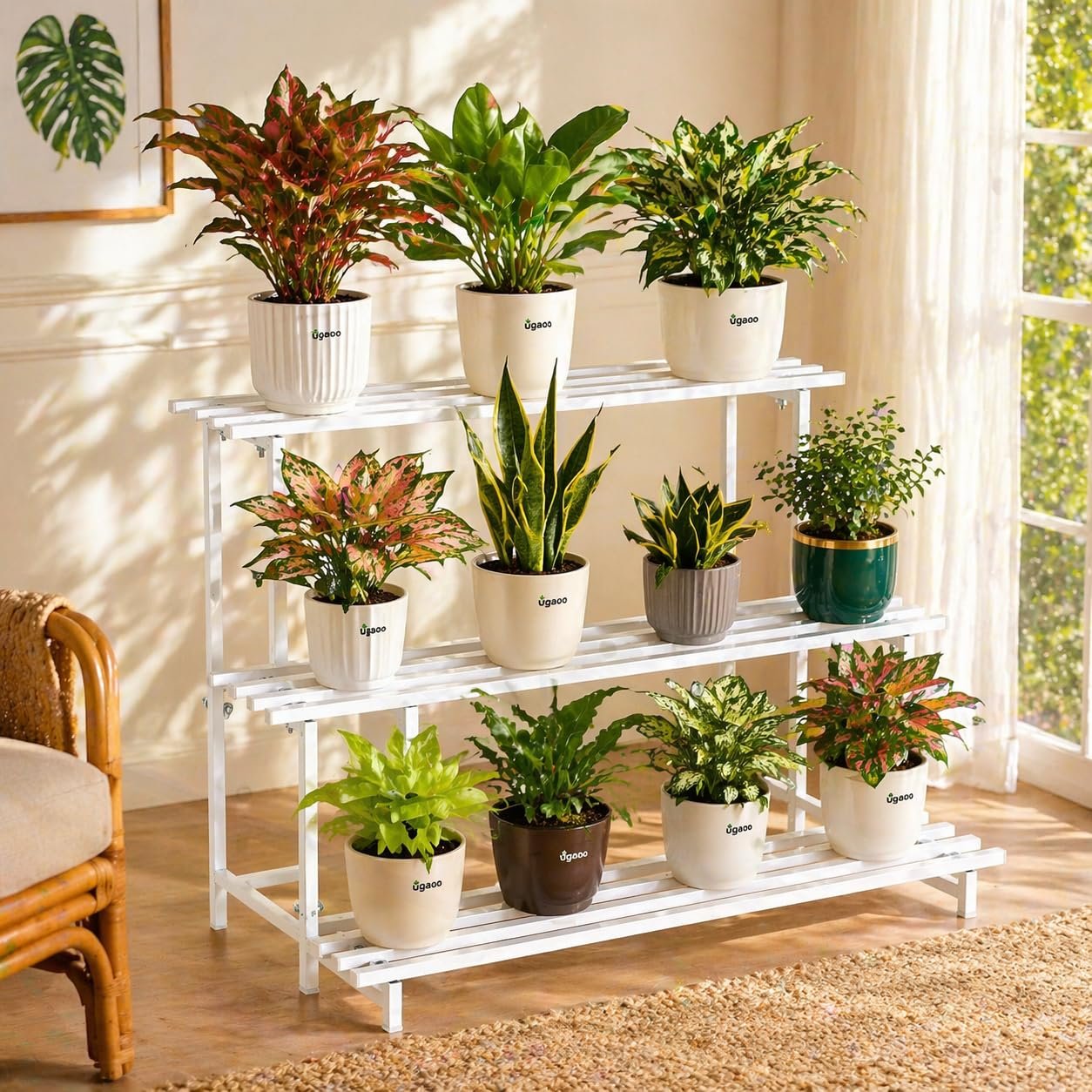UGAOO Elevate 3-Tier Square Tube Heavy Duty Metal Plant Stand – White | Iron Plant Stand for Indoor & Outdoor Use | Balcony, Living Room, Patio & Garden Decor