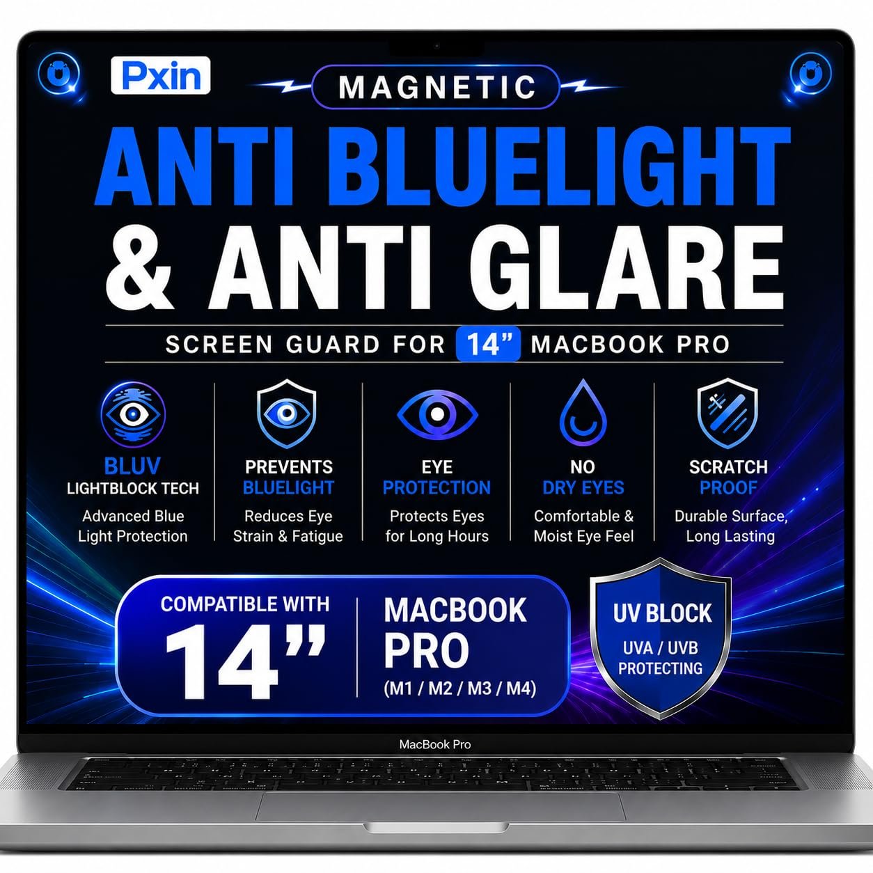 Pxin Magnetic Laptop Anti Bluelight and Anti Glare Screen Guard compatible with 14 inch MacBook Pro | BLUV Lightblock Tech | Scratch Proof | Prevents bluelight | Eye Protection | No Dry Eyes