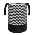 PrettyKrafts 45L Non Woven Wave Printed Round Foldable Large Laundry Bag/Basket With Handle, Freestanding Cloth Storage Organizer for Bedroom, Bathroom (36x36x45cm, Black & White, Set of 1)