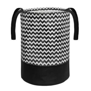 PrettyKrafts 45L Non Woven Wave Printed Round Foldable Large Laundry Bag/Basket With Handle, Freestanding Cloth Storage Organizer for Bedroom, Bathroom (36x36x45cm, Black & White, Set of 1)