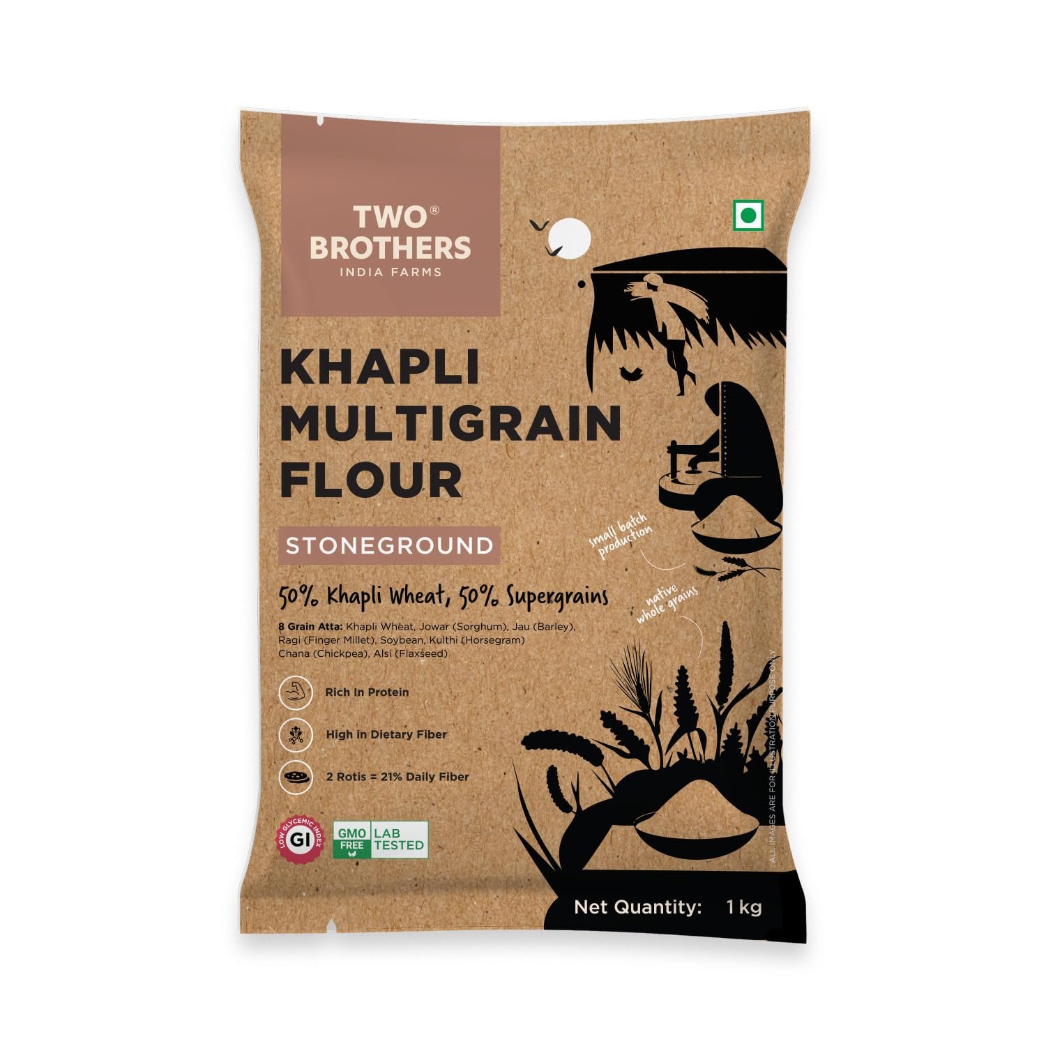 Two Brothers Khapli Multigrain Atta (1kg)| 8 Super Grains Flour Mix, Diabetic Friendly |High Fibre & High Protein | Low GI Atta | Khapli, Jowar, Jau, Ragi, Soybean, Kulthi, Chana, Alsi