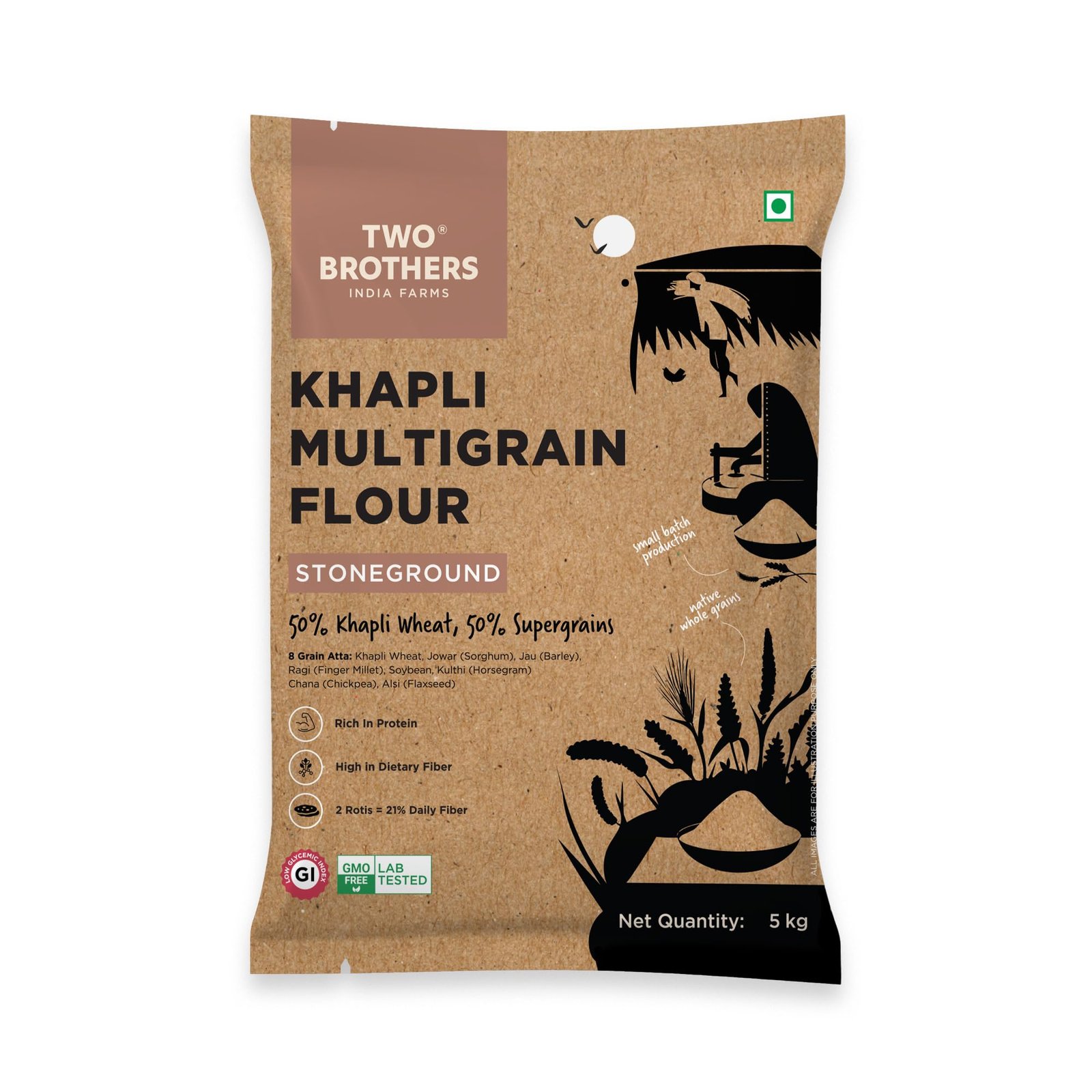 Two Brothers Khapli Multigrain Atta (5kg)| 8 Grains Flour Mix | High Fiber & Protein Source | Low GI Atta | Khapli, Jowar, Jau, Ragi, Soybean, Kulthi, Chana, Alsi
