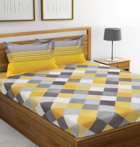 HUESLAND by Ahmedabad Cotton 144 TC Cotton Double Bedsheet with 2 Pillow Covers – Yellow, Grey