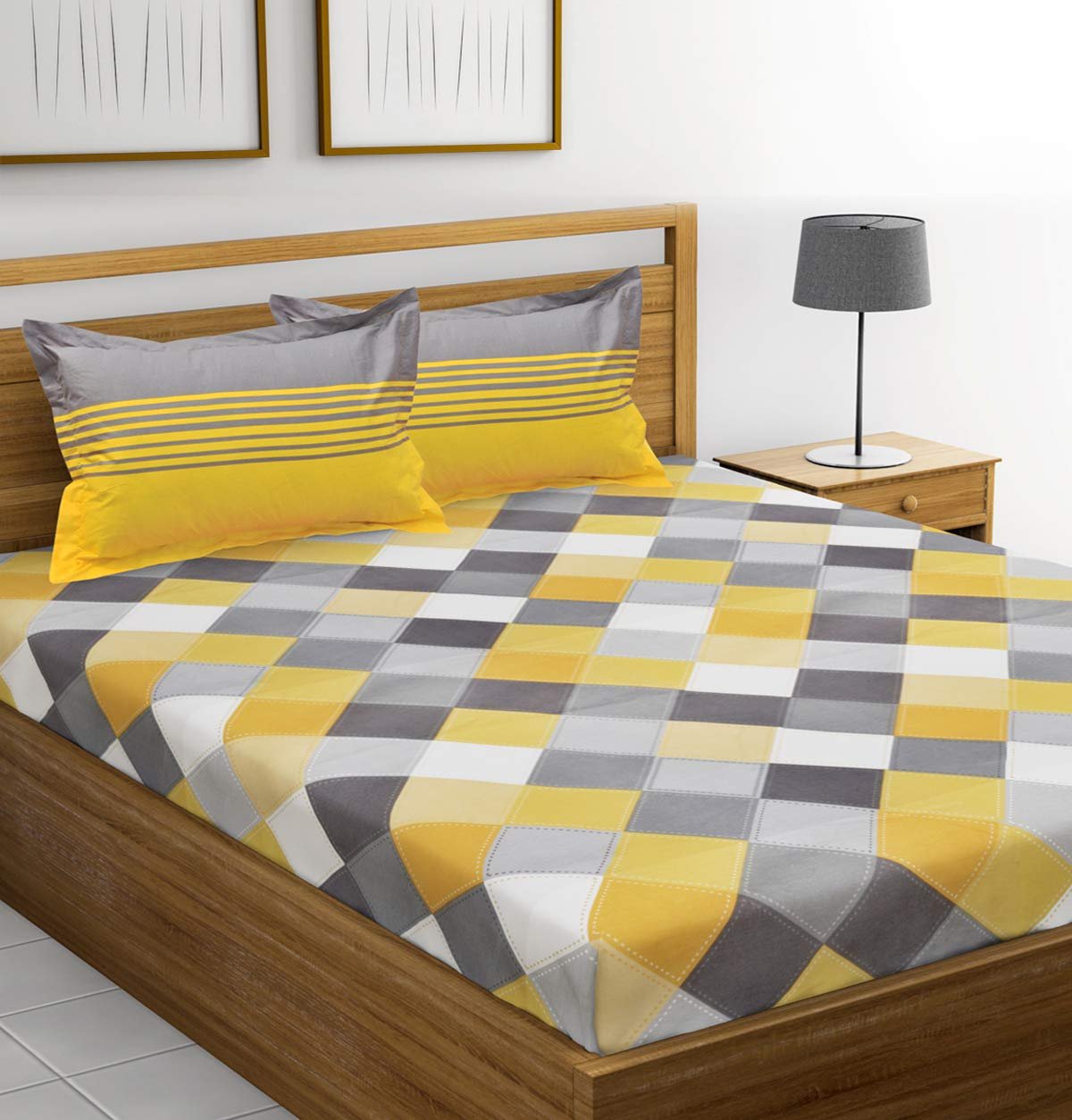 HUESLAND by Ahmedabad Cotton 144 TC Cotton Double Bedsheet with 2 Pillow Covers – Yellow, Grey
