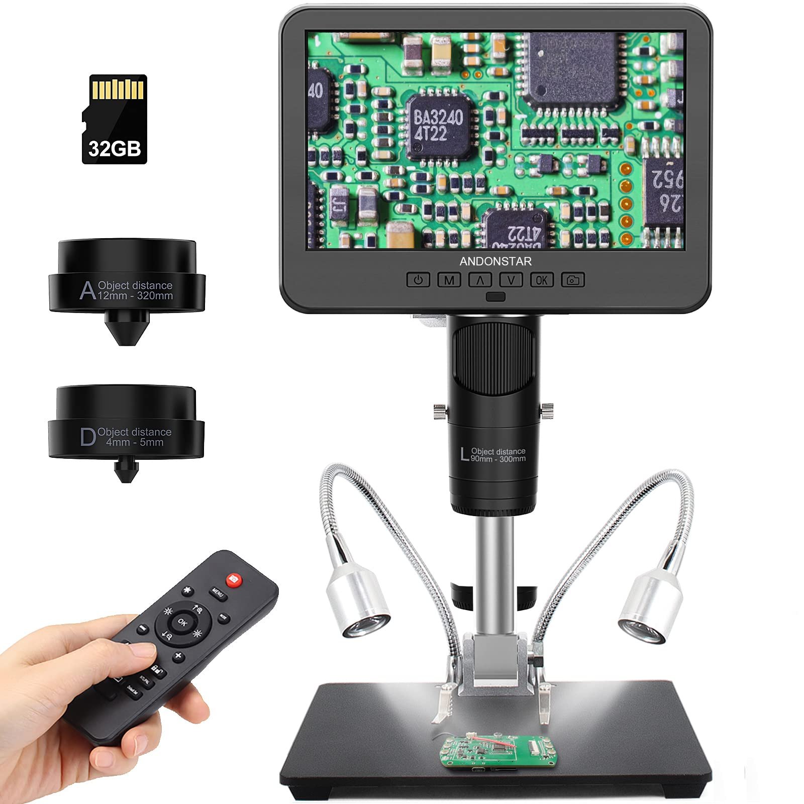Andonstar AD246S HDMI Digital Microscope with 7” Screen, Soldering Microscope with Metal Stand, 2000X Three Lens Coin Microscope Kit for Kids and Adults, Photo/Video Recording, Windows Compatible