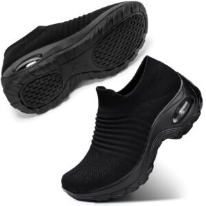 STQ Women’s Slip On Walking Shoes Breathable Lightweight Mesh Casual Running Jogging Sneakers with Air Cushion Sole All Black, 9.5