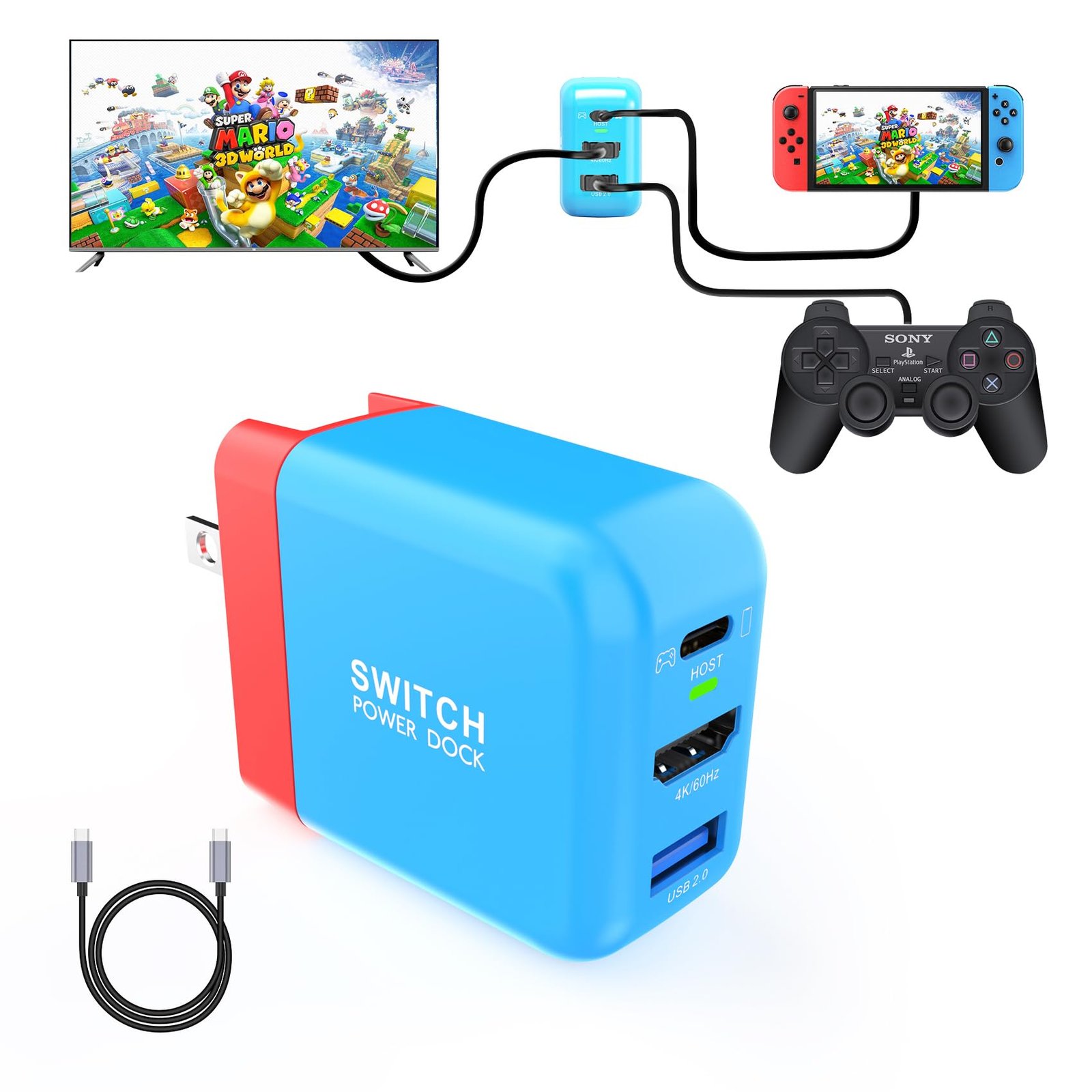 TreasLin Switch Replacement Dock, PD 36W USB C Charger for Switch-OLED TV Dock Station for Switch 4K 60Hz HDMI Portable Dock Charger Adapter Switch Accessory, Red and Blue