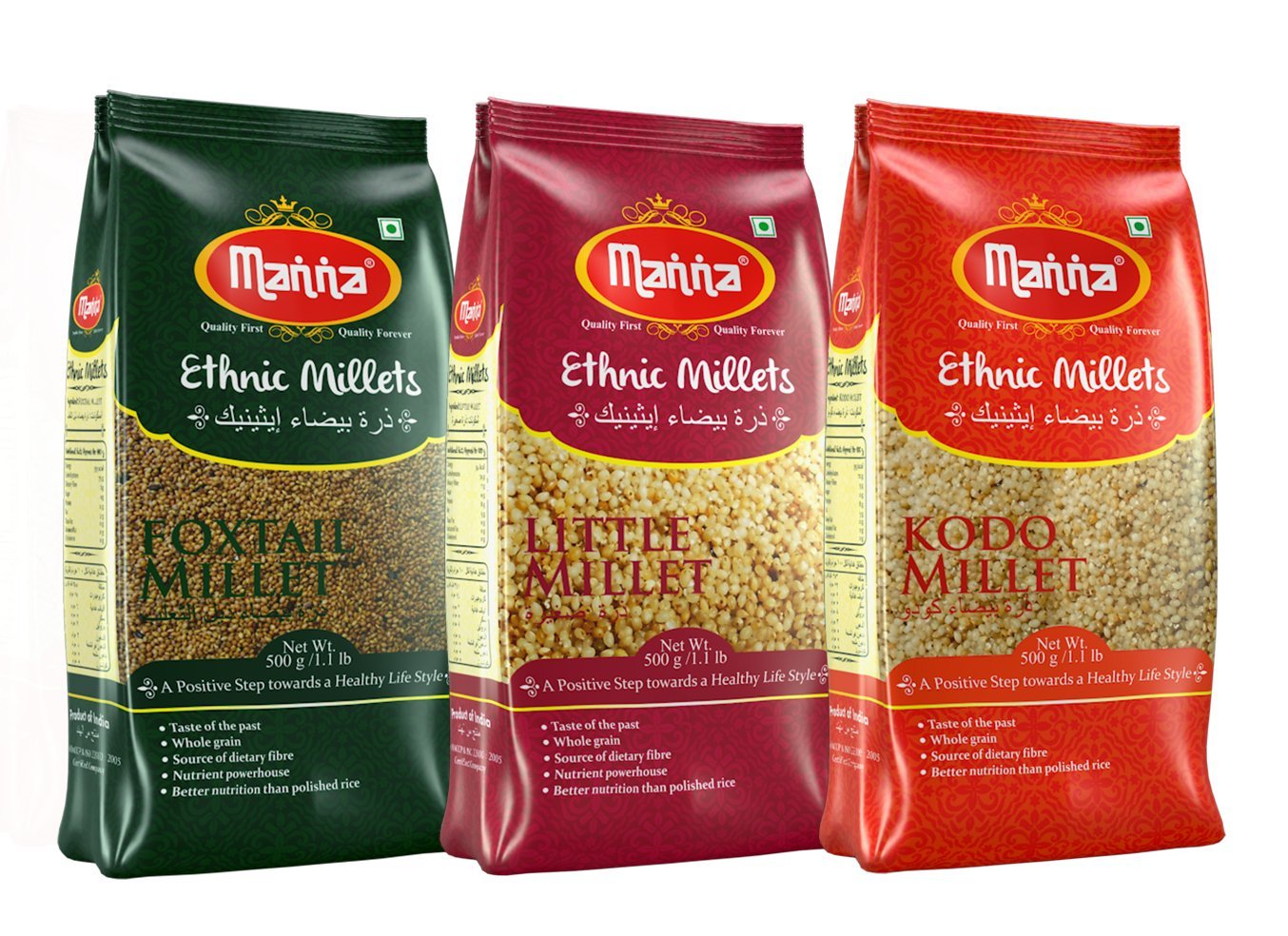 Manna Millets 1.5kg Whole Grains Combo Pack of 3, Foxtail, Kodo, Little Certified low GI. Unpolished, Natural Grains 500g (pack of 3)