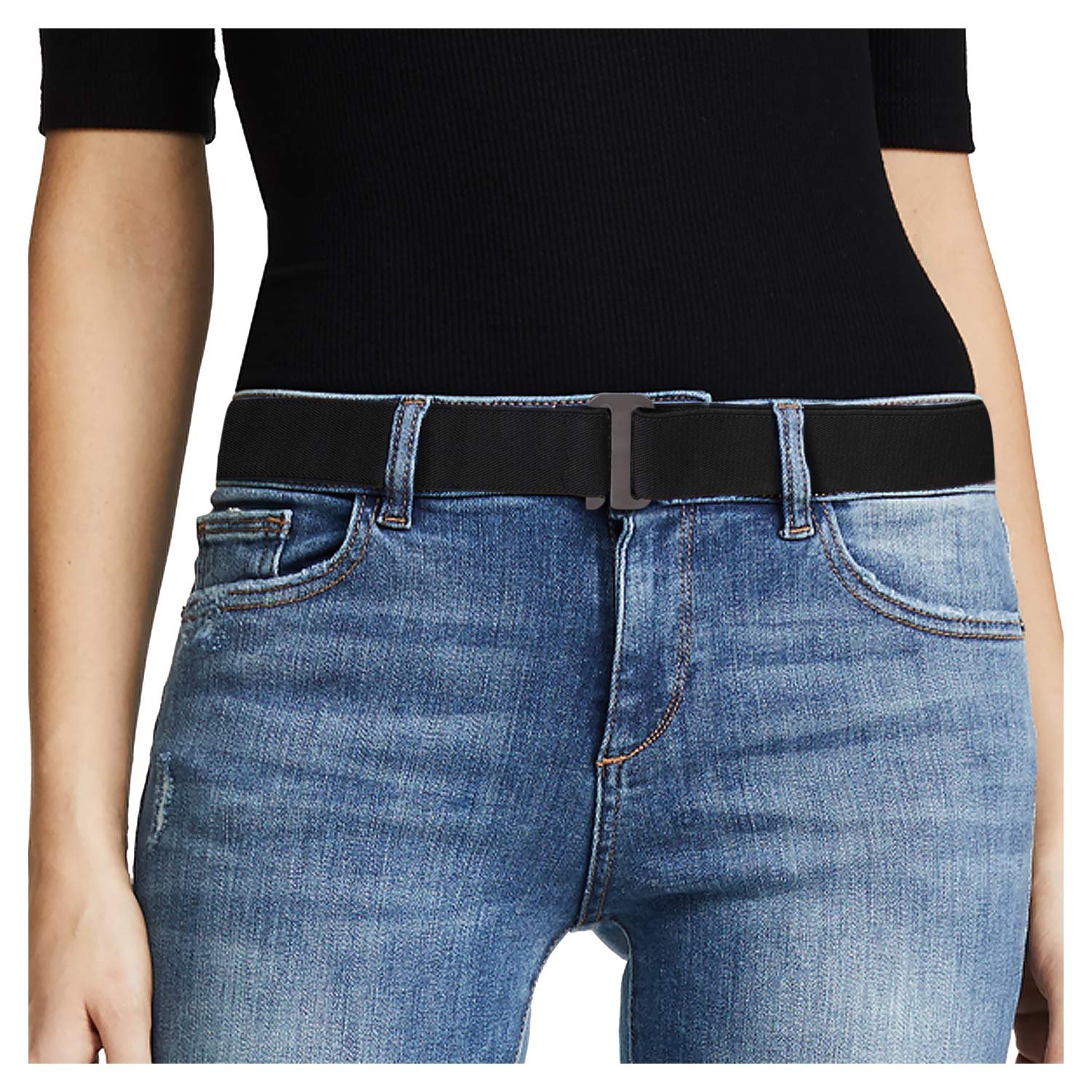 No Show Women Stretch Belt Invisible Elastic Web Strap Belt with Flat Buckle for Jeans Pants Dresses