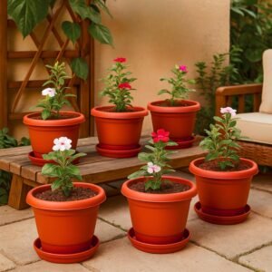 Kraft Seeds 8 Inch Pack of 6 Flower Pots for Garden with Bottom Plate & Drainage Hole, Plastic Pot for Plants, Indoor & Outdoor, Planters for Balcony, UV Treated Gamla for Plants, Round Plant Pot, Red