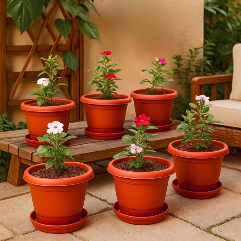 Kraft Seeds 8 Inch Pack of 6 Flower Pots for Garden with Bottom Plate & Drainage Hole, Plastic Pot for Plants, Indoor & Outdoor, Planters for Balcony, UV Treated Gamla for Plants, Round Plant Pot, Red