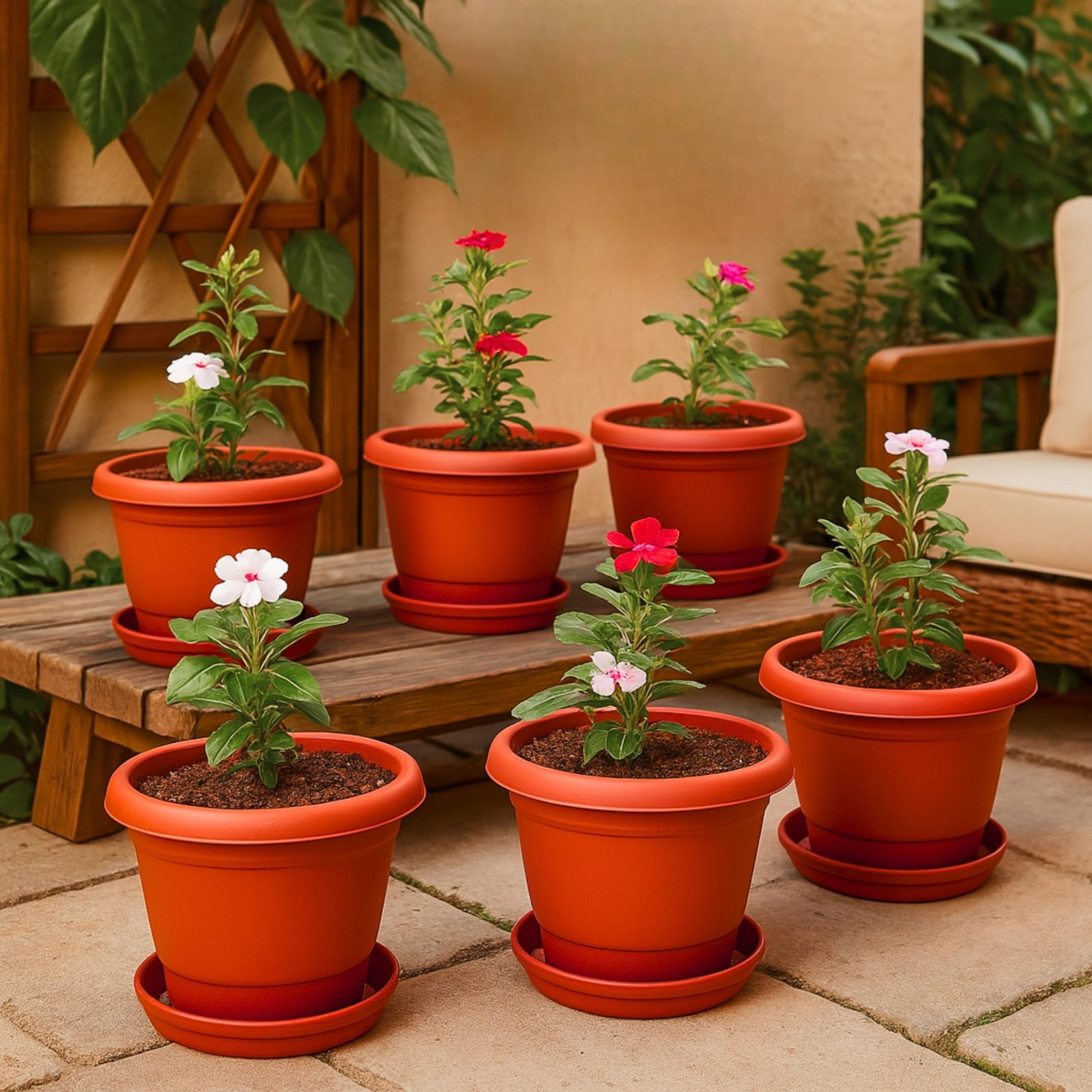 Kraft Seeds 8 Inch Pack of 6 Flower Pots for Garden with Bottom Plate & Drainage Hole, Plastic Pot for Plants, Indoor & Outdoor, Planters for Balcony, UV Treated Gamla for Plants, Round Plant Pot, Red