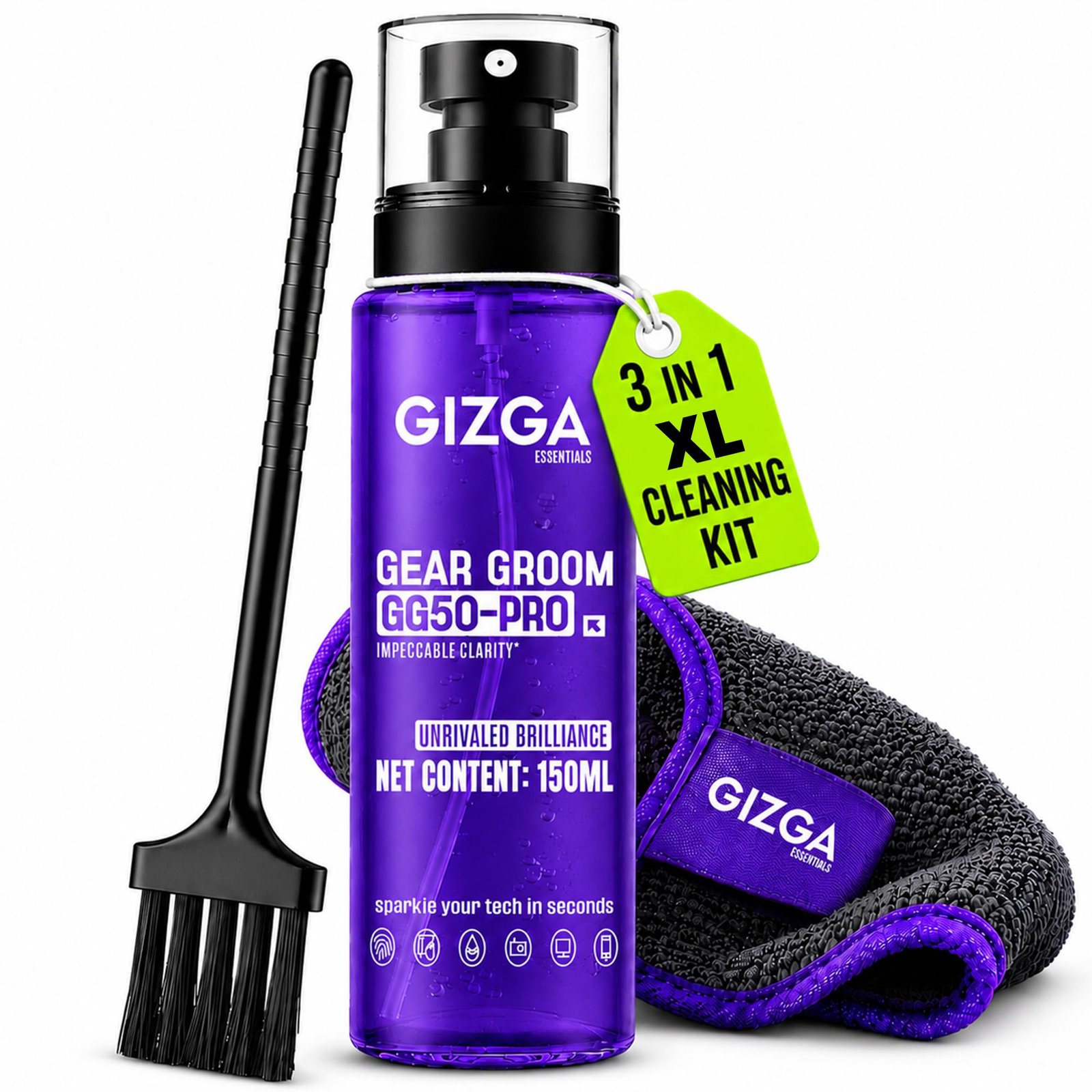 Gizga Pro Series 3-in-1 Cleaning KIT – 150ml Cleaning Spray, Microfiber Cloth & Cleaning Brush| Safe Screen Cleaner for Laptop, PC, Smartphone, Tablet, DSLR Camera Lens, Binocular, Keyboard, Gadgets