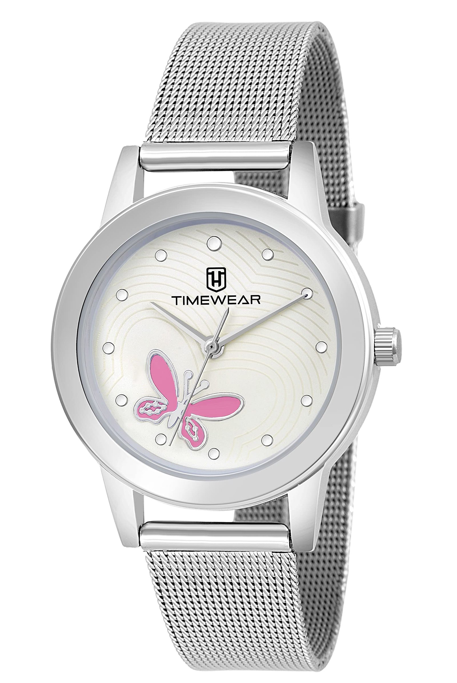 TIMEWEAR Analog Pink Butterfly Silver Dial Stainless Steel Strap Watch for Women