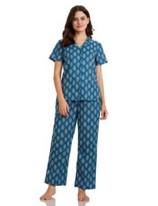 Amazon Brand – Myx Women Cotton Shirt and Relaxed Pajama Set | Night Suit Set (Available in Plus Sizes)