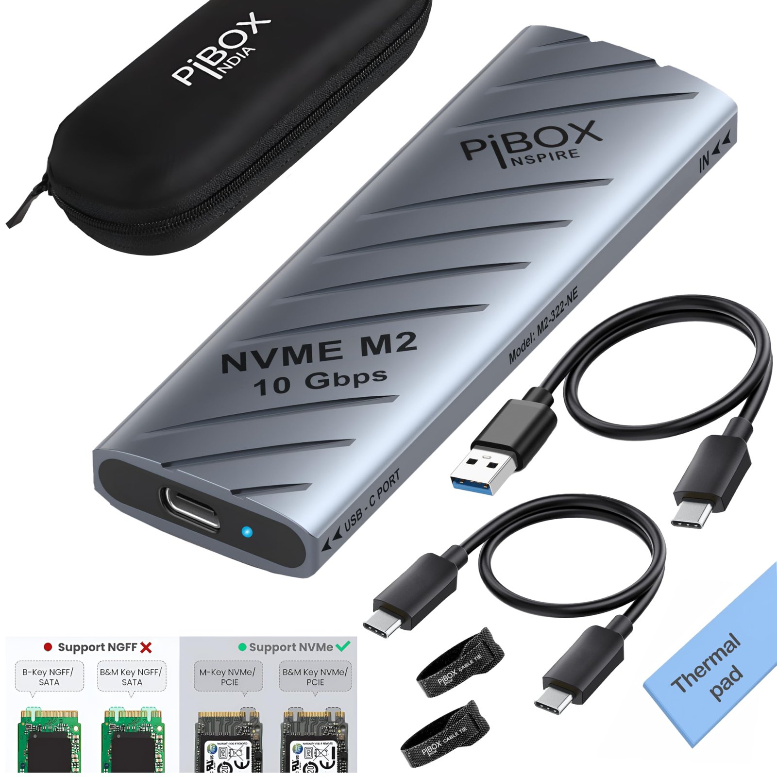 piBOX India NVMe SSD Enclosure – USB 3.2 10Gbps, Tool-Free M.2 NVMe Case, PCI-E NVMe Reader, USB-C, Supports M & B&M Keys, 2230/2242/2260/2280 SSDs Powerful – JM583 Chipset