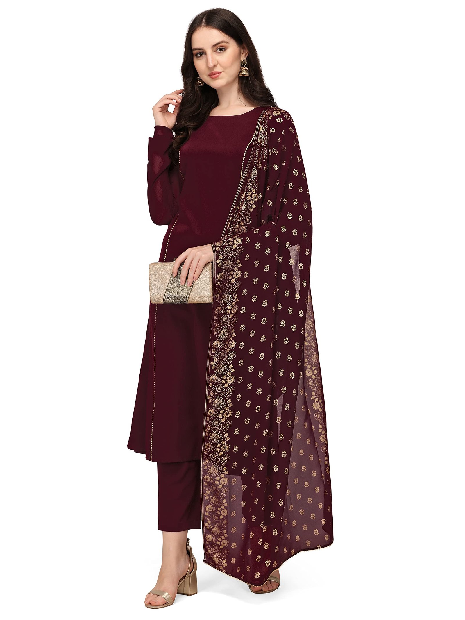FIORRA Women’s Maroon Poly Crepe Straight Kurta with Pant and Dupatta