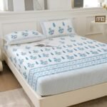 Story@Home 260 TC 100% Cotton Cal King Size Bedsheet, White & Light Blue