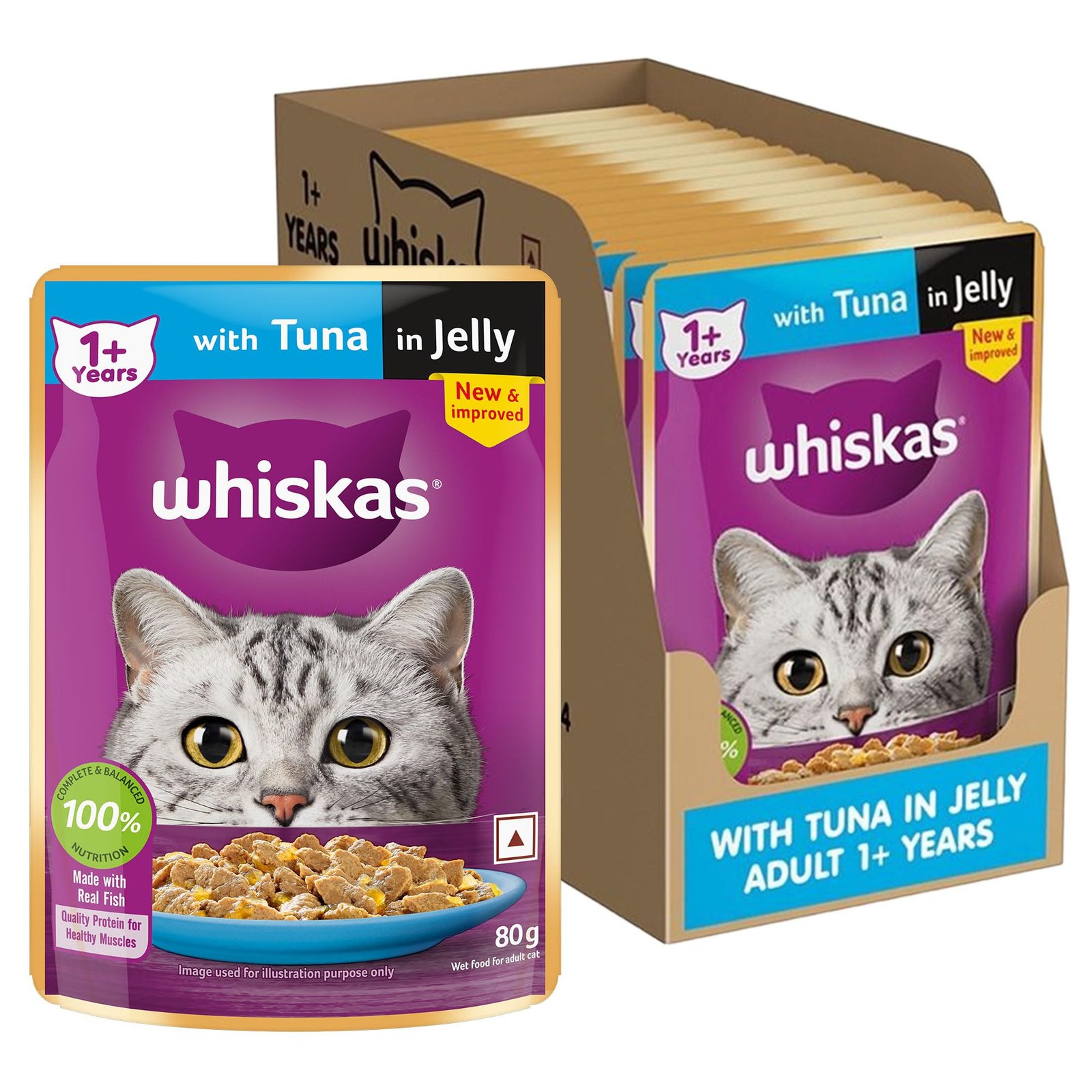 Whiskas Adult (1+ Years) Wet Cat Food, Tuna in Jelly, 80 g (Pack of 14)