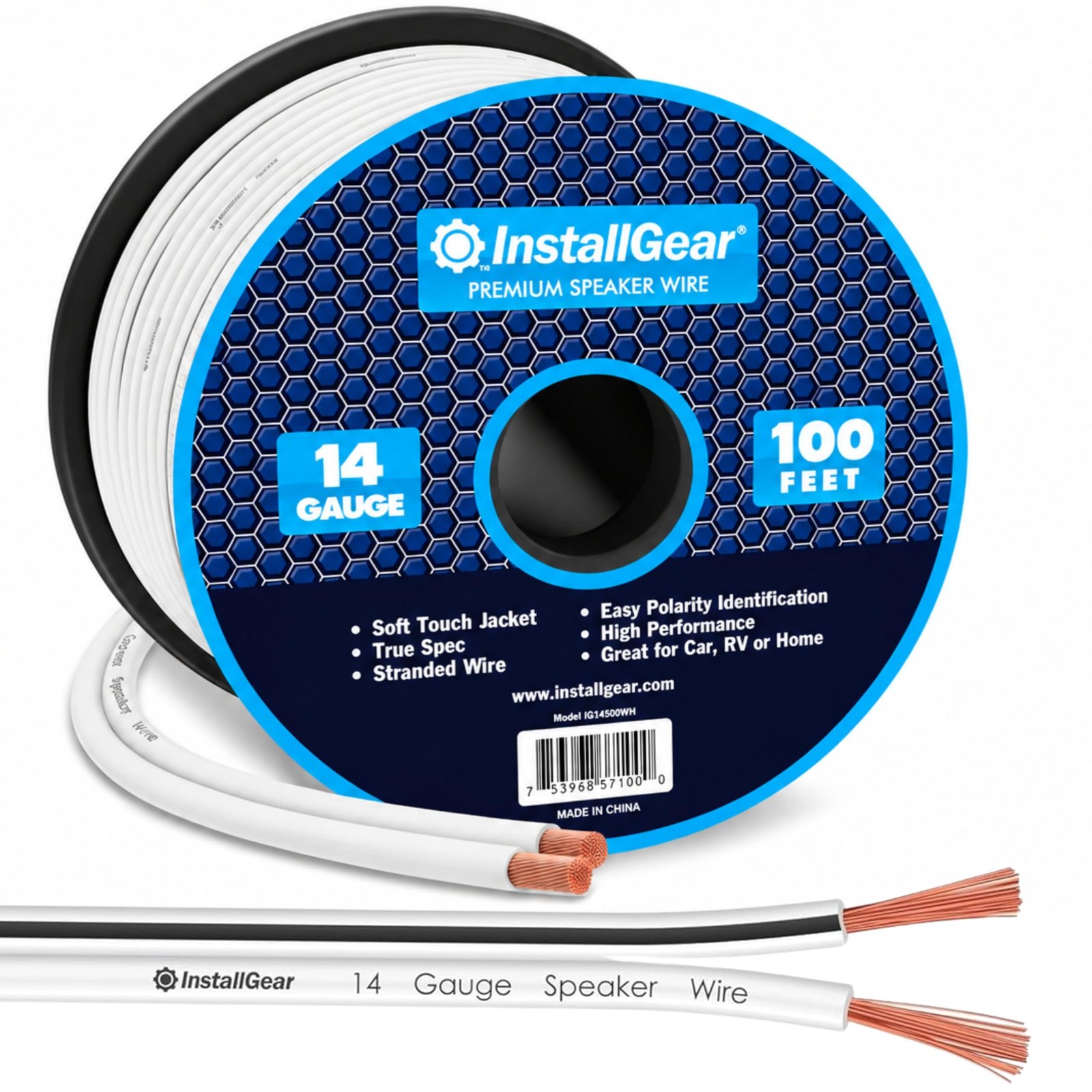 InstallGear 14 Gauge AWG 100ft Speaker Wire Cable – White