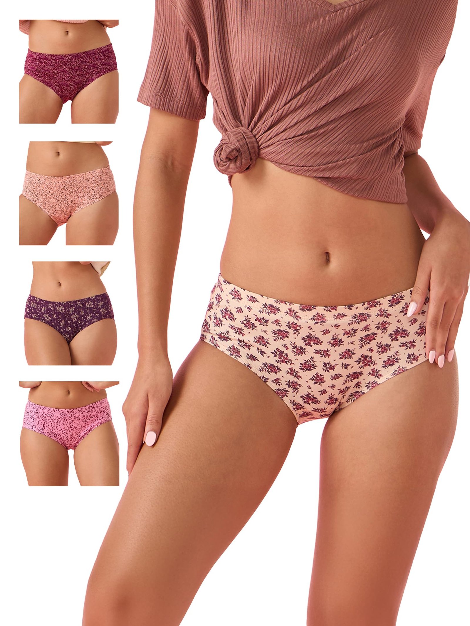 Enamor Stretchable Cotton Hipster Panties for Women, Full Coverage Grip Fit Inner Elastic with Antimicrobial & Stain Release Technology – Color and Print May Vary – CR17 (Pack of 5)