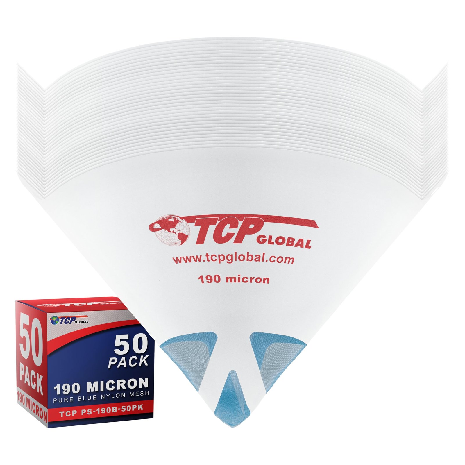 TCP Global 50 Pack of Paint Strainers with Fine 190 Micron Filter Tips – Premium “PURE BLUE” Ultra-Flow Blue Nylon Mesh – Cone Paint Filter Screen
